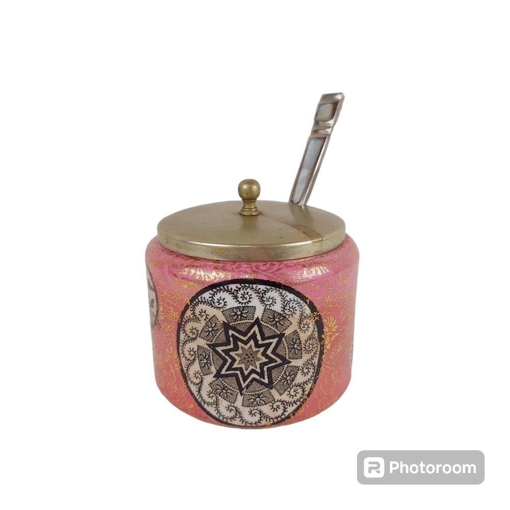 Antique pink Osaka J.K.L Fenton England sugar pot jam jar with spoon